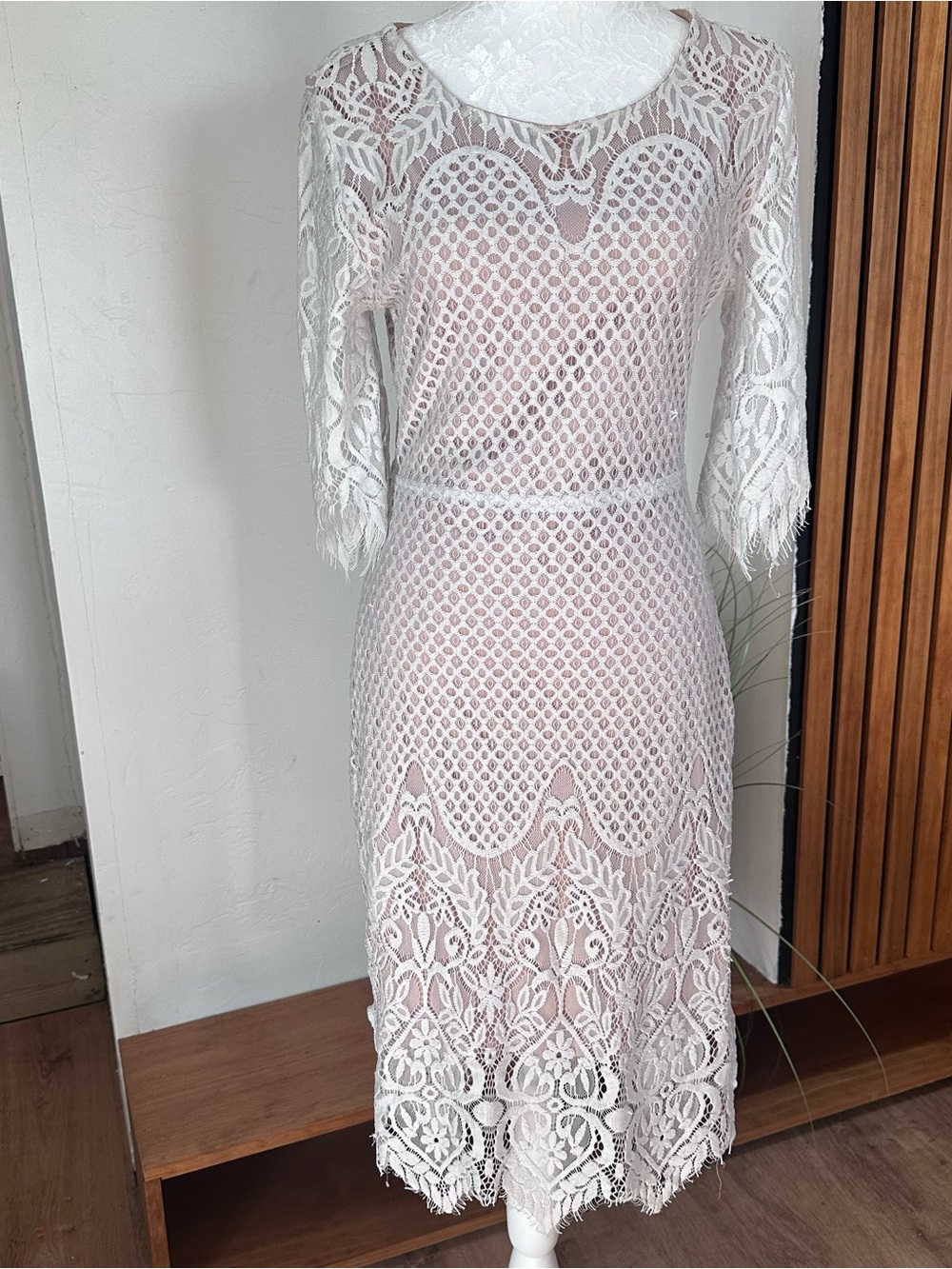 Sans Souci White Lace Midi Dress with Sheer Crochet Overlay